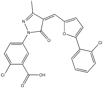 2-chloro-5-(4-{[5-(2-chlorophenyl)-2-furyl]methylene}-3-methyl-5-oxo-4,5-dihydro-1H-pyrazol-1-yl)benzoic acid 结构式