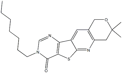 3-heptyl-8,8-dimethyl-7,10-dihydro-8H-pyrano[3'',4'':5',6']pyrido[3',2':4,5]thieno[3,2-d]pyrimidin-4(3H)-one 结构式