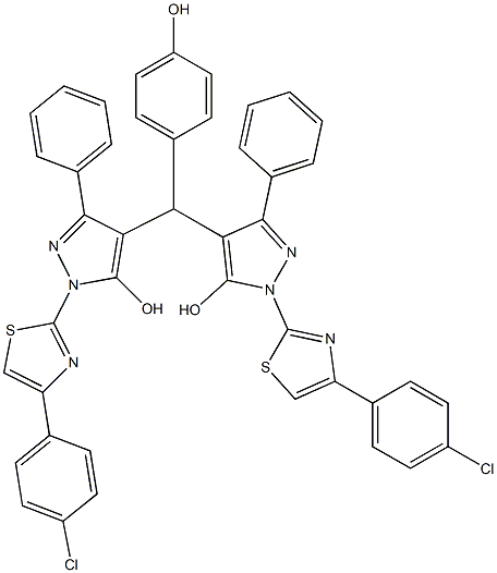 1-[4-(4-chlorophenyl)-1,3-thiazol-2-yl]-4-[{1-[4-(4-chlorophenyl)-1,3-thiazol-2-yl]-5-hydroxy-3-phenyl-1H-pyrazol-4-yl}(4-hydroxyphenyl)methyl]-3-phenyl-1H-pyrazol-5-ol 结构式