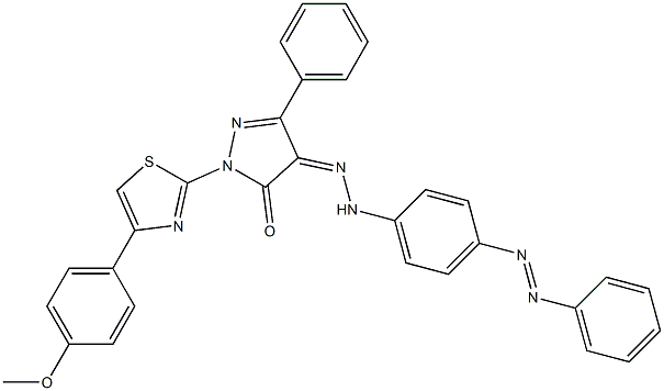 1-[4-(4-methoxyphenyl)-1,3-thiazol-2-yl]-3-phenyl-1H-pyrazole-4,5-dione 4-(N-{4-[(E)-2-phenyldiazenyl]phenyl}hydrazone) 结构式