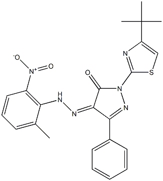 1-[4-(tert-butyl)-1,3-thiazol-2-yl]-3-phenyl-1H-pyrazole-4,5-dione 4-[N-(2-methyl-6-nitrophenyl)hydrazone] 结构式