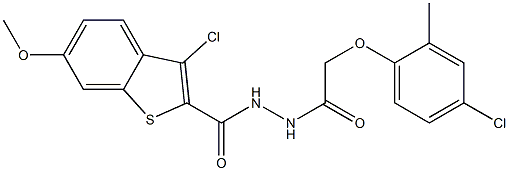 3-chloro-N'-[2-(4-chloro-2-methylphenoxy)acetyl]-6-methoxy-1-benzothiophene-2-carbohydrazide 结构式
