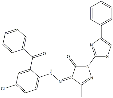 3-methyl-1-(4-phenyl-1,3-thiazol-2-yl)-1H-pyrazole-4,5-dione 4-[N-(2-benzoyl-4-chlorophenyl)hydrazone] 结构式