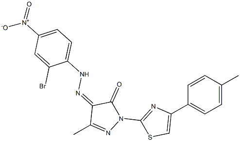 3-methyl-1-[4-(4-methylphenyl)-1,3-thiazol-2-yl]-1H-pyrazole-4,5-dione 4-[N-(2-bromo-4-nitrophenyl)hydrazone] 结构式