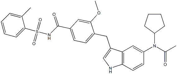 4-[5-(Cyclopentylacetylamino)-1H-indol-3-ylmethyl]-3-methoxy-N-(2-methylphenylsulfonyl)benzamide 结构式