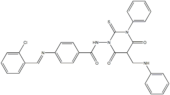 4-(2-Chlorobenzylideneamino)-N-[[hexahydro-4,6-dioxo-2-thioxo-3-(phenyl)-5-(phenylaminomethyl)pyrimidin]-1-yl]benzamide 结构式