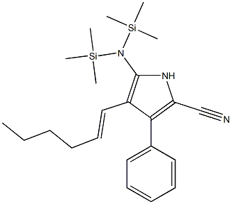 5-[Bis(trimethylsilyl)amino]-3-phenyl-4-(1-hexenyl)-1H-pyrrole-2-carbonitrile 结构式