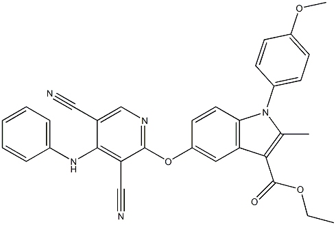 1-(4-Methoxyphenyl)-2-methyl-5-[3,5-dicyano-4-(phenylamino)pyridin-2-yloxy]-1H-indole-3-carboxylic acid ethyl ester 结构式