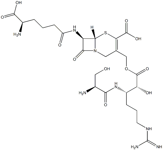 (7R)-7-[[(R)-5-Amino-5-carboxy-1-oxopentyl]amino]-3-[[[(2R,3S)-3-[[(S)-2-amino-3-hydroxypropionyl]amino]-6-[[amino(imino)methyl]amino]-2-hydroxy-1-oxohexyl]oxy]methyl]cepham-3-ene-4-carboxylic acid 结构式
