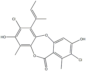 2,7-Dichloro-3,8-dihydroxy-1,9-dimethyl-6-(1-methyl-1-propenyl)-11H-dibenzo[b,e][1,4]dioxepin-11-one 结构式