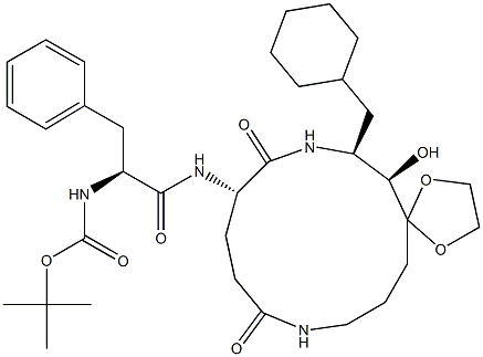 (5S,8S,9R)-5-[(S)-2-(tert-Butyloxycarbonylamino)-3-phenylpropanoylamino]-8-cyclohexylmethyl-9-hydroxyspiro[1,7-diazacyclotridecane-10,2'-[1,3]dioxolane]-2,6-dione 结构式