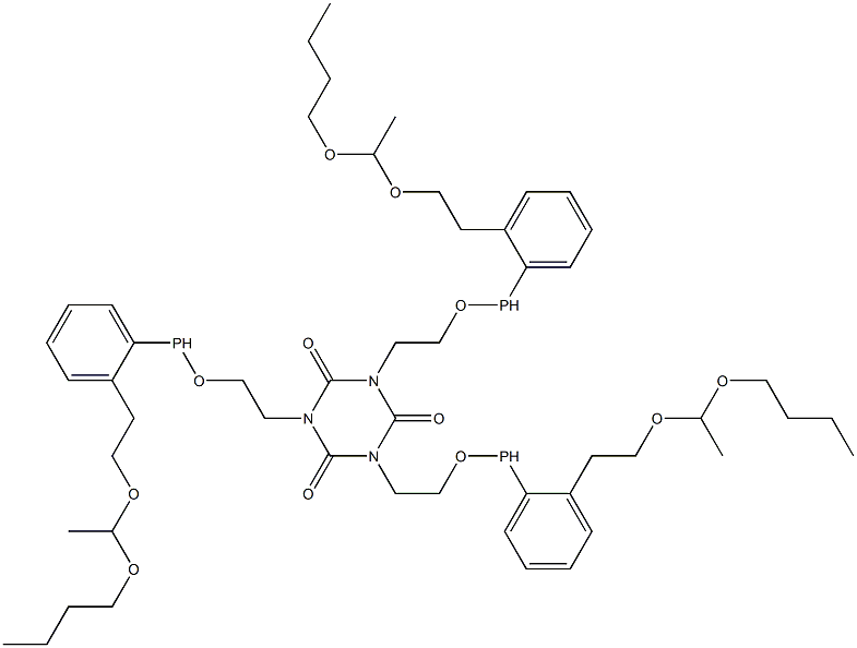 1,3,5-Tris[2-[2-[2-[(1-butoxyethyl)oxy]ethyl]phenylphosphinooxy]ethyl]-1,3,5-triazine-2,4,6(1H,3H,5H)-trione 结构式