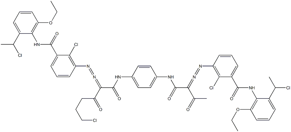 3,3'-[2-(2-Chloroethyl)-1,4-phenylenebis[iminocarbonyl(acetylmethylene)azo]]bis[N-[2-(1-chloroethyl)-6-ethoxyphenyl]-2-chlorobenzamide] 结构式