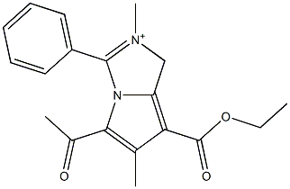 5-Acetyl-7-ethoxycarbonyl-2,6-dimethyl-3-(phenyl)-1H-pyrrolo[1,2-c]imidazol-2-ium 结构式