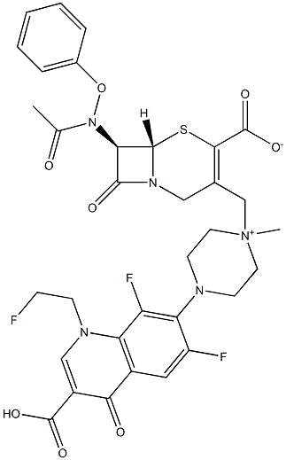 (7R)-7-(Phenoxyacetylamino)-3-[[4-[[3-carboxy-6,8-difluoro-1-(2-fluoroethyl)-1,4-dihydro-4-oxoquinolin]-7-yl]-1-methylpiperazinium]-1-ylmethyl]cepham-3-ene-4-carboxylate 结构式