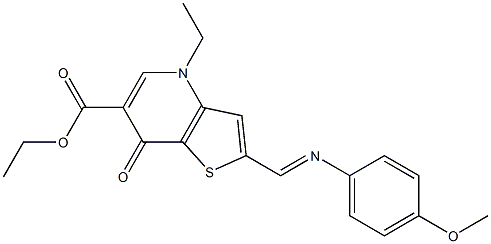 2-[(4-Methoxyphenyl)iminomethyl]-4-ethyl-7-oxothieno[3,2-b]pyridine-6-carboxylic acid ethyl ester 结构式