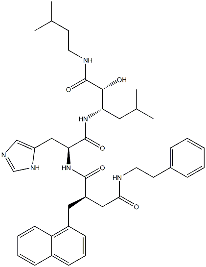 (2R,3S)-N-(3-Methylbutyl)-3-[[N-[(2R)-3-[(phenethylamino)carbonyl]-2-[(naphthalen-1-yl)methyl]propionyl]-L-histidyl]amino]-5-methyl-2-hydroxyhexanamide 结构式