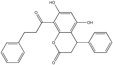 3,4-Dihydro-5,7-dihydroxy-4-phenyl-8-(3-phenylpropanoyl)-2H-1-benzopyran-2-one 结构式