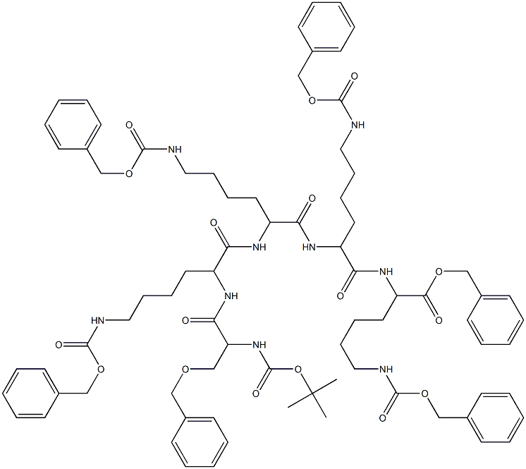 benzyl 12,15,18-tris(4-(benzyloxycarbonylamino)butyl)-21-(benzyloxymethyl)-25,25-dimethyl-3,11,14,17,20,23-hexaoxo-1-phenyl-2,24-dioxa-4,10,13,16,19,22-hexaazahexacosane-9-carboxylate 结构式