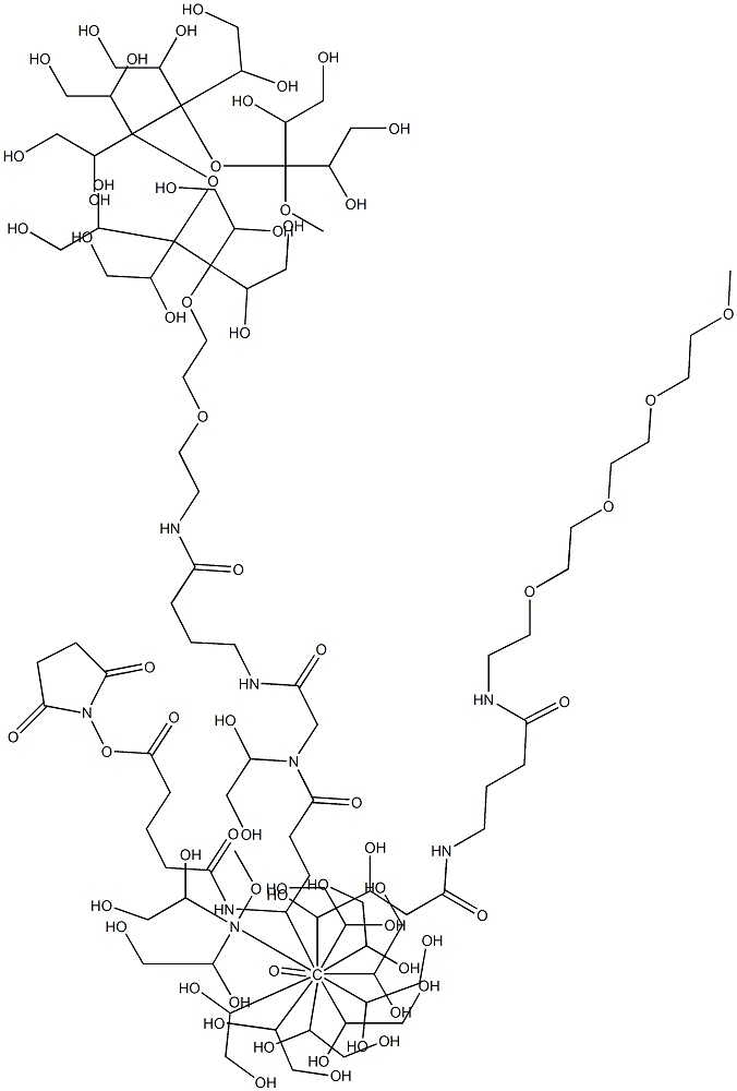 2,5-dioxopyrrolidin-1-yl 26-((15,20-dioxo-2,5,8,11-tetraoxa-14,19-diazahenicosan-21-yl)[alpha-methoxy-undeca(ethylen glycol)-omega-yl]carbamoyl)-15,20,23,28-tetraoxo-22-[alpha-methoxy-undeca(ethylen glycol)-omega-yl]-2,5,8,11-tetraoxa-14,19,22,27-tetraazadotriacontan-32-oate 结构式