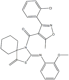 [3-(2-chlorophenyl)-5-methylisoxazol-4-yl]{2-[(2-methoxyphenyl)imino]-4-methylidene-3-thia-1-azaspiro[4.5]dec-1-yl}methanone 结构式