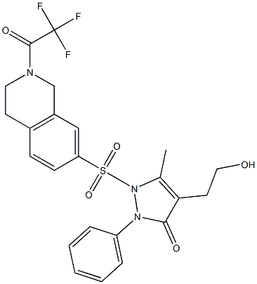 4-(2-hydroxyethyl)-5-methyl-2-phenyl-1-{[2-(2,2,2-trifluoroacetyl)-1,2,3,4-tetrahydro-7-isoquinolinyl]sulfonyl}-1,2-dihydro-3H-pyrazol-3-one 结构式