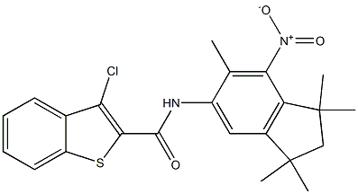 N2-(1,1,3,3,6-pentamethyl-7-nitro-2,3-dihydro-1H-inden-5-yl)-3-chlorobenzo[b]thiophene-2-carboxamide 结构式