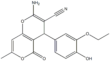 2-amino-4-(3-ethoxy-4-hydroxyphenyl)-7-methyl-5-oxo-4H,5H-pyrano[4,3-b]pyran-3-carbonitrile 结构式