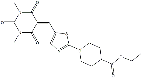 ethyl 1-(5-{[1,3-dimethyl-2,4,6-trioxotetrahydro-5(2H)-pyrimidinyliden]methyl}-1,3-thiazol-2-yl)-4-piperidinecarboxylate 结构式