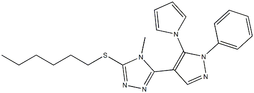 hexyl 4-methyl-5-[1-phenyl-5-(1H-pyrrol-1-yl)-1H-pyrazol-4-yl]-4H-1,2,4-triazol-3-yl sulfide 结构式