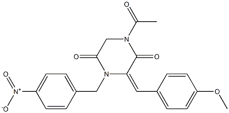 1-acetyl-3-[(E)-(4-methoxyphenyl)methylidene]-4-(4-nitrobenzyl)tetrahydro-2,5-pyrazinedione 结构式