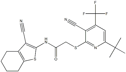 2-{[6-(tert-butyl)-3-cyano-4-(trifluoromethyl)-2-pyridinyl]sulfanyl}-N-(3-cyano-4,5,6,7-tetrahydro-1-benzothiophen-2-yl)acetamide 结构式