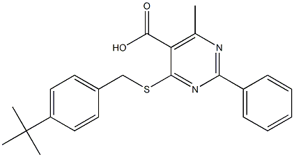 4-(4-tert-Butyl-benzylsulfanyl)-6-methyl-2-phenyl-pyrimidine-5-carboxylic acid 结构式