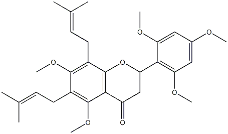 5,7-dimethoxy-6,8-bis(3-methyl-2-butenyl)-2-(2,4,6-trimethoxyphenyl)-2,3-dihydro-4H-chromen-4-one 结构式