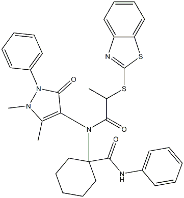 1-[[2-(1,3-benzothiazol-2-ylsulfanyl)propanoyl](1,5-dimethyl-3-oxo-2-phenyl-2,3-dihydro-1H-pyrazol-4-yl)amino]-N-phenylcyclohexanecarboxamide 结构式