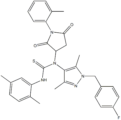 N'-(2,5-dimethylphenyl)-N-[1-(4-fluorobenzyl)-3,5-dimethyl-1H-pyrazol-4-yl]-N-[1-(2-methylphenyl)-2,5-dioxo-3-pyrrolidinyl]thiourea 结构式