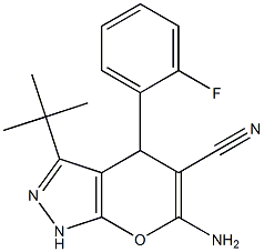 6-amino-3-(tert-butyl)-4-(2-fluorophenyl)-1,4-dihydropyrano[2,3-c]pyrazole-5-carbonitrile 结构式
