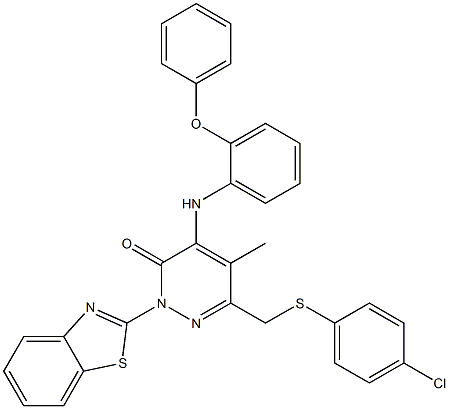 2-(1,3-benzothiazol-2-yl)-6-{[(4-chlorophenyl)sulfanyl]methyl}-5-methyl-4-(2-phenoxyanilino)pyridazin-3(2H)-one 结构式