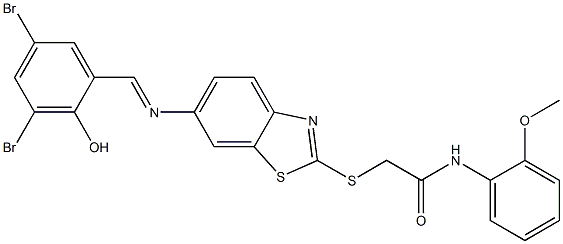 2-({6-[(3,5-dibromo-2-hydroxybenzylidene)amino]-1,3-benzothiazol-2-yl}sulfanyl)-N-(2-methoxyphenyl)acetamide 结构式