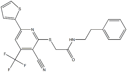 2-{[3-cyano-6-(2-thienyl)-4-(trifluoromethyl)-2-pyridinyl]sulfanyl}-N-(2-phenylethyl)acetamide 结构式