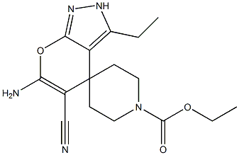 6-amino-5-cyano-1'-ethoxycarbonyl-3-ethyl-2,4-dihydrospiro[pyrano[2,3-c]pyrazole-4,4'-piperidine] 结构式