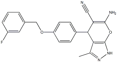 6-amino-4-{4-[(3-fluorobenzyl)oxy]phenyl}-3-methyl-1,4-dihydropyrano[2,3-c]pyrazole-5-carbonitrile 结构式