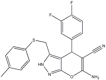 6-amino-4-(3,4-difluorophenyl)-3-{[(4-methylphenyl)sulfanyl]methyl}-2,4-dihydropyrano[2,3-c]pyrazole-5-carbonitrile 结构式