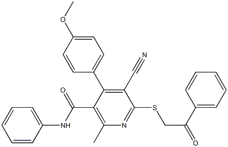 5-cyano-4-(4-methoxyphenyl)-2-methyl-6-[(2-oxo-2-phenylethyl)sulfanyl]-N-phenylnicotinamide 结构式