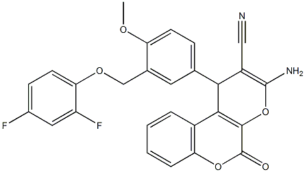 3-amino-1-{3-[(2,4-difluorophenoxy)methyl]-4-methoxyphenyl}-5-oxo-1,5-dihydropyrano[2,3-c]chromene-2-carbonitrile 结构式