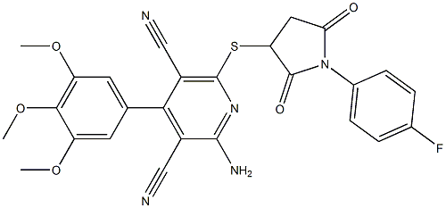 2-amino-6-{[1-(4-fluorophenyl)-2,5-dioxo-3-pyrrolidinyl]sulfanyl}-4-(3,4,5-trimethoxyphenyl)-3,5-pyridinedicarbonitrile 结构式