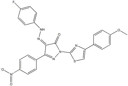 1-[4-(4-methoxyphenyl)-1,3-thiazol-2-yl]-3-(4-nitrophenyl)-1H-pyrazole-4,5-dione 4-[N-(4-fluorophenyl)hydrazone] 结构式