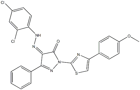 1-[4-(4-methoxyphenyl)-1,3-thiazol-2-yl]-3-phenyl-1H-pyrazole-4,5-dione 4-[N-(2,4-dichlorophenyl)hydrazone] 结构式