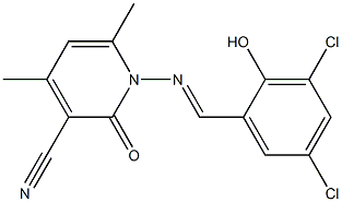1-{[(E)-(3,5-dichloro-2-hydroxyphenyl)methylidene]amino}-4,6-dimethyl-2-oxo-1,2-dihydro-3-pyridinecarbonitrile 结构式