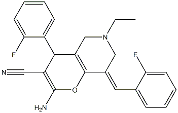 2-amino-6-ethyl-4-(2-fluorophenyl)-8-[(E)-(2-fluorophenyl)methylidene]-5,6,7,8-tetrahydro-4H-pyrano[3,2-c]pyridine-3-carbonitrile 结构式